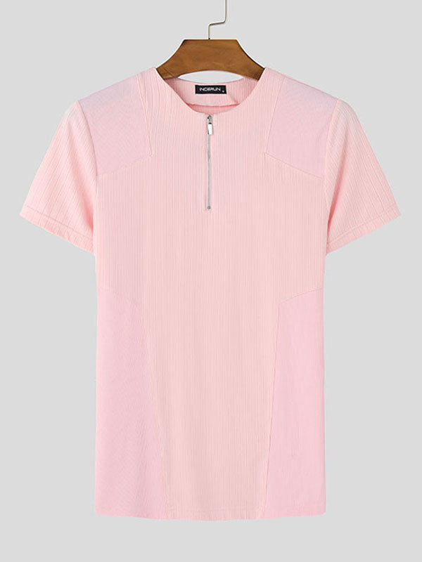 Mens Solid Color Half-Zip Short Sleeve T-Shirt SKUK98843