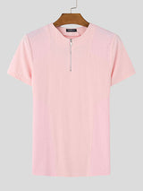 Mens Solid Color Half-Zip Short Sleeve T-Shirt SKUK98843