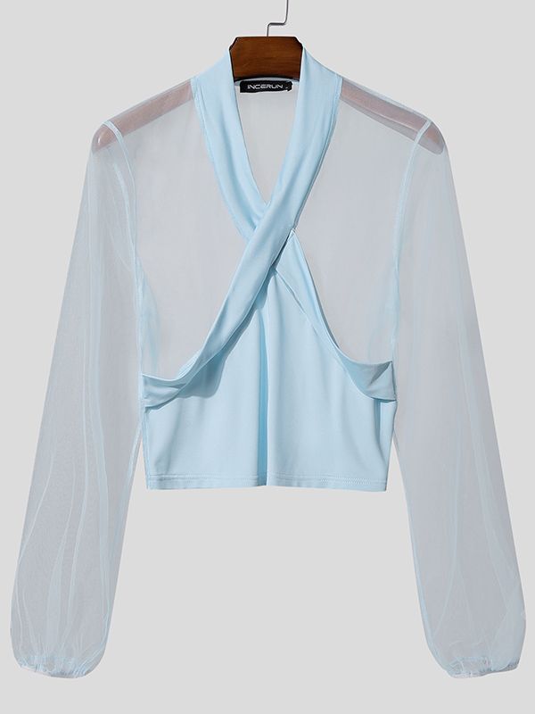 Men's Sheer Mesh Cropped Long Sleeve T-shirt SKUL46072