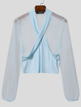 Men's Sheer Mesh Cropped Long Sleeve T-shirt SKUL46072