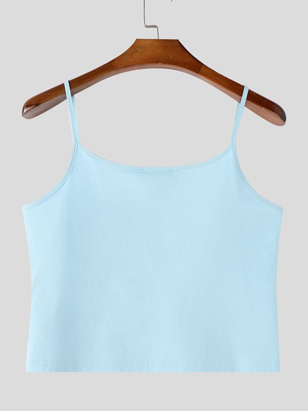 Men's High-Street Avant-Garde Ultra-Thin Spaghetti Strap Straight Neckline Cropped Tank SKUL70421