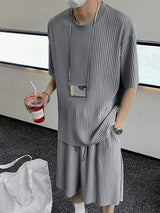 Mens Solid Color Striped Ruched Two Pieces Outfit SKUL08680