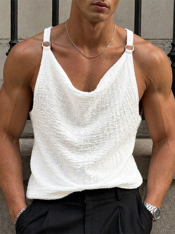 Men's Avant-Garde Double Metal Rings Cowl Neck Textured Crinkled Tank SKUL72415