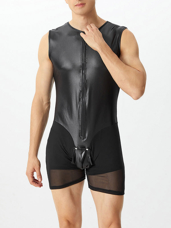 Mens PU Leather Mesh Patchwork Bodysuit SKUJ91189