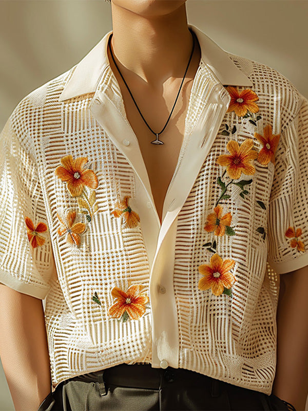 Mens Floral Print Lapel Collar Short Sleeve Shirt SKUK61588