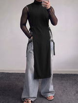 Men's Avant-Garde Darkwear Nightclub Party Side Buckle Strap High-Slit Long-Line Tank SKUL85220