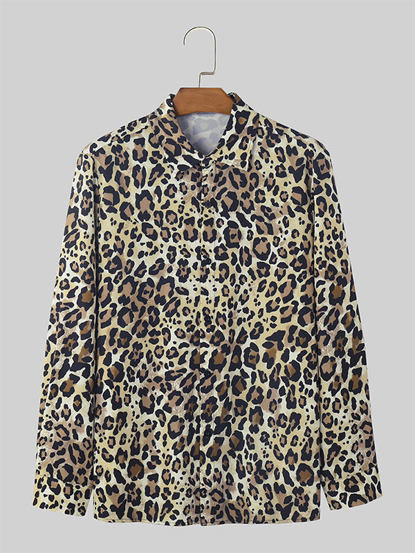 Mens Leopard Print Lapel Long Sleeve Shirt SKUK49672