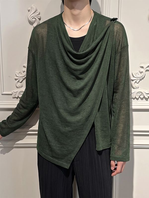 Men's Avant-Garde Asymmetrical Draped Cowl Neck Semi-Sheer T-shirt SKUL77324