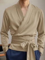 Men's Asymmetrical Placket Lace Up Cinched Waist Long Sleeve Shirt SKUL44020