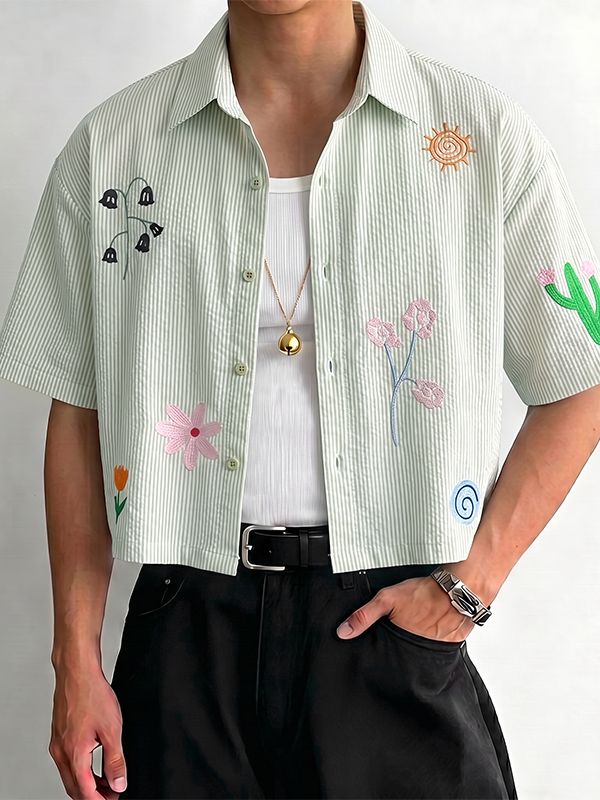 Men's Avant-Garde Whimsical Embroidered Cropped Pinstripe Short Sleeve Shirt SKUL74579