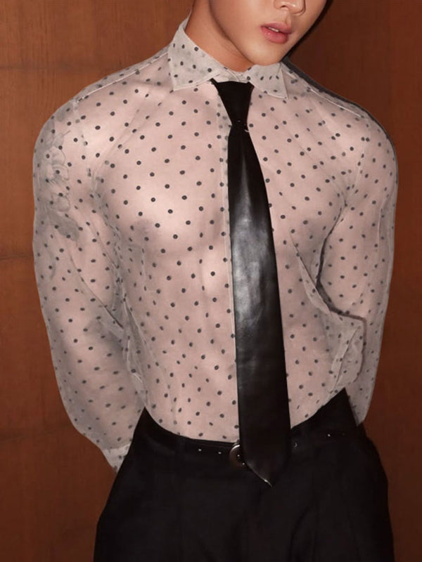 Men's Sheer Mesh Polka Dot Print Long Sleeve Shirt SKUL20217