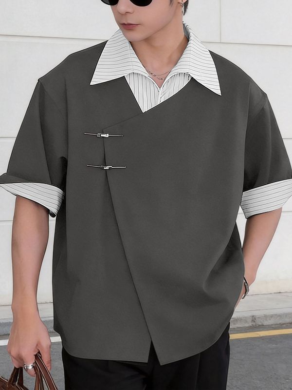 Men's Avant-Garde New Chinese Style 2-in-1 Layered Asymmetrical Shirt SKUL60171