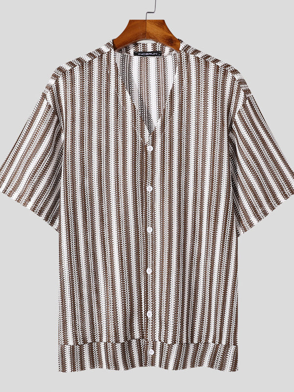 Mens Hollow Out Striped V-Neck Short-Sleeve Shirt SKUK74064