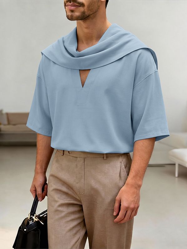 Men's Elegant Resort Draped Scarf Slit V Neck Dropped Shoulder Short Sleeve T-shirt SKUL60198