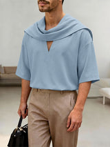 Men's Elegant Resort Draped Scarf Slit V Neck Dropped Shoulder Short Sleeve T-shirt SKUL60198