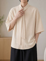 Men's Vintage Modern Chinese Scarf Tie Mandarin Collar Crinkled Oversized Short Sleeve Shirt SKUL71250