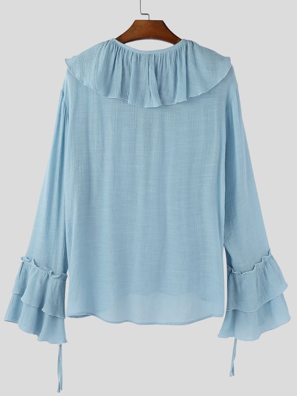 Men's Solid Color Semi Sheer Ruffle Collar Long Sleeve Shirt SKUL52527