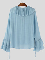 Men's Solid Color Semi Sheer Ruffle Collar Long Sleeve Shirt SKUL52527