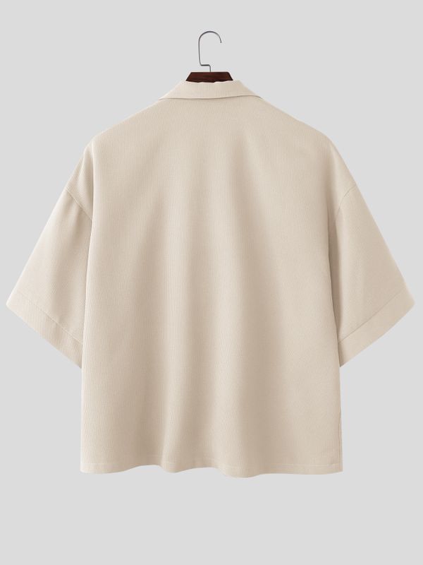 Men's Modern Relaxed Waffle Knit Lace-Up V-Neck Asymmetrical Hem Shirt SKUL59598