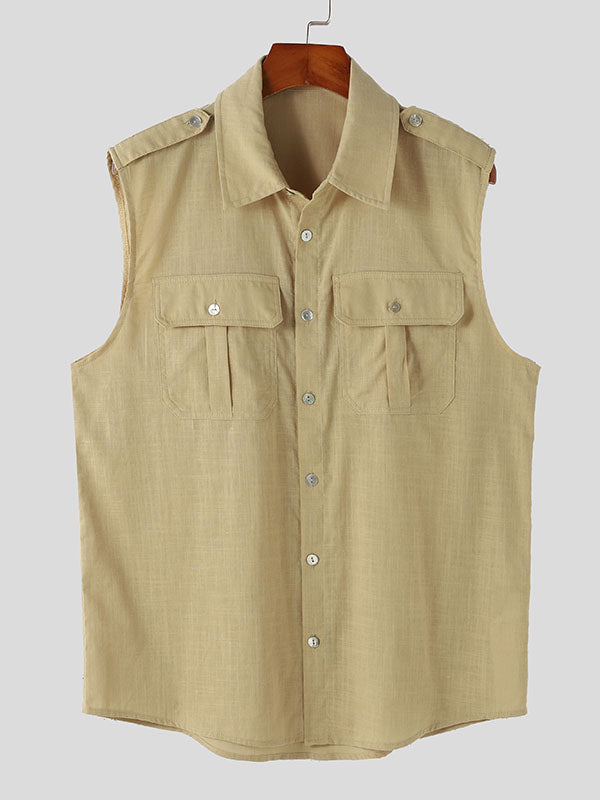 Mens Solid Double Pockets Sleeveless Shirt SKUK46353