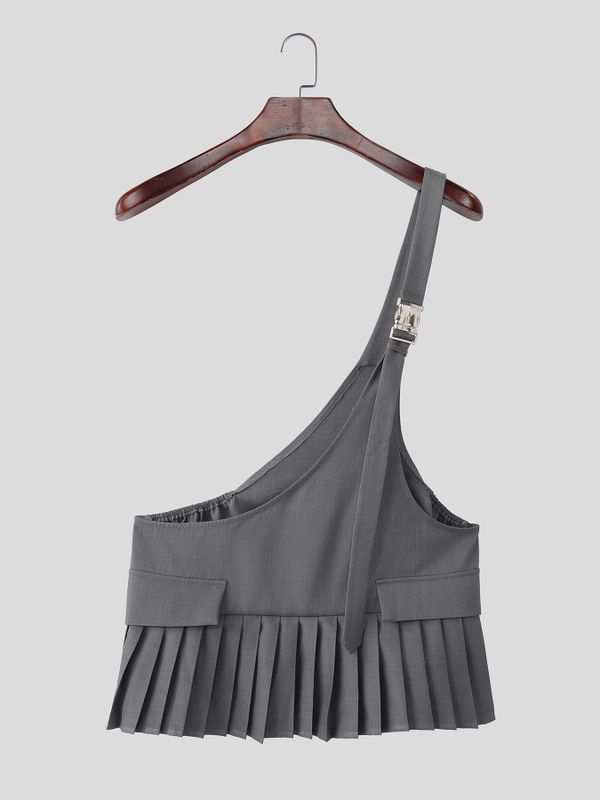 Men's Avant-Garde Asymmetric One-Shoulder Buckle Strap Pleated Peplum Skirt SKUL62715