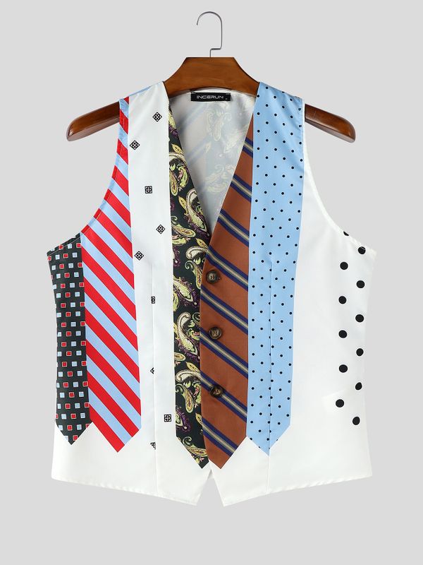 Men's Avant-Garde Deconstructed Multi-Pattern Tie Patchwork Slim Waistcoat SKUL70343