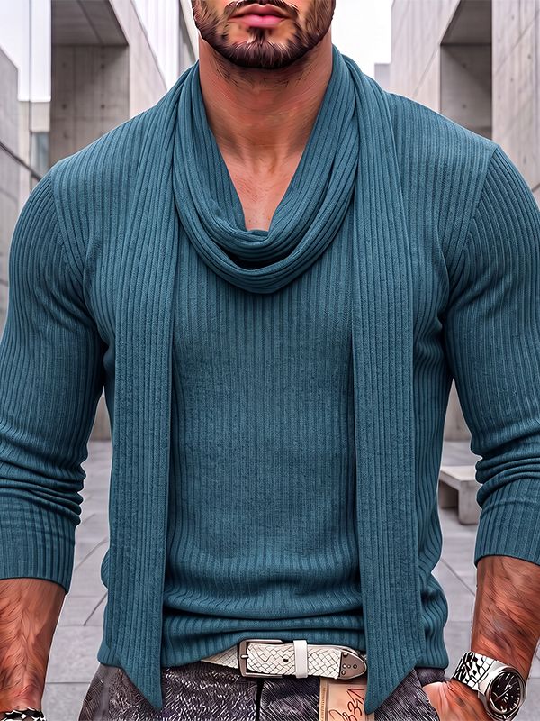 Men's Smart Luxury Daily Commute Hanging Streamer Rib Knit Form-Fitting Long Sleeve T-shirt SKUL84624