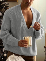 Men's Solid Deep V-Neck Long Sleeve Sweater SKUL24792