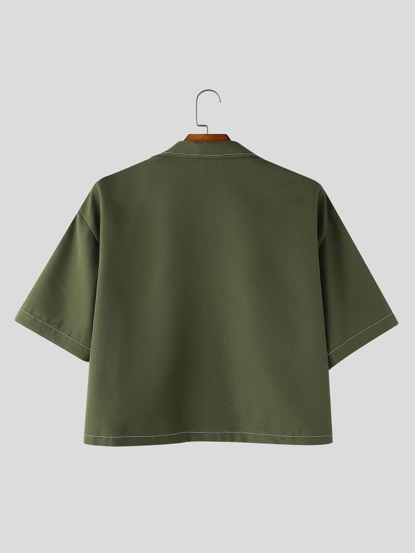 Men's Vintage Military Style Contrast Stitching Frogged Button Cropped Short Sleeve Shirt SKUL77316