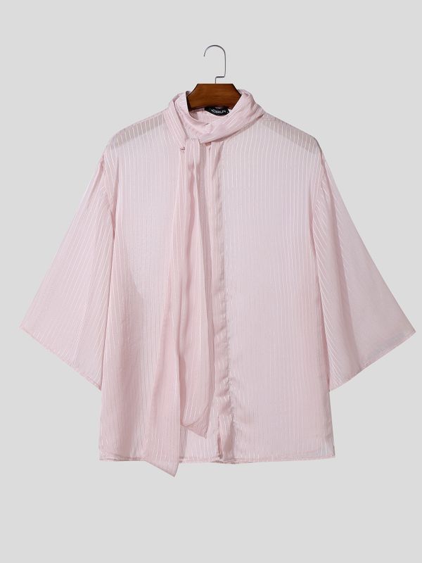 Men's Avant-Garde Sheer Pinstripe Pussy-Bow Neck Ties Oversized Short Sleeve Shirt SKUL66224