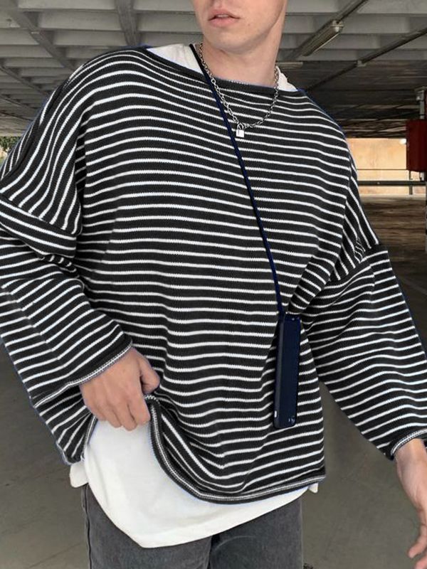 Men's Stripe Knit Loose Long Sleeve T-shirt SKUL43916