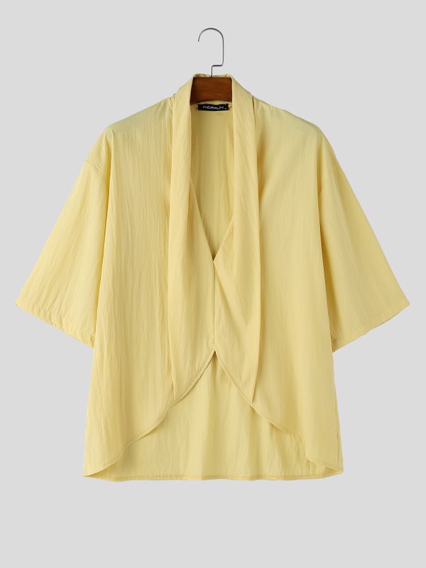 Men's Vintage Japanese Kimono Collar Asymmetric Twist Short Sleeve Shirt SKUL71353