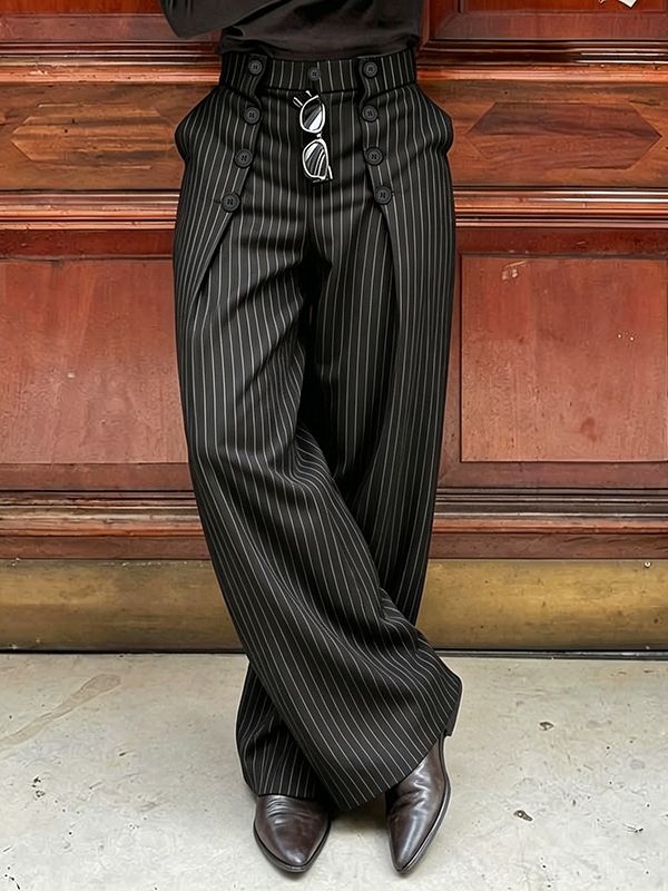 Men's Avant-Garde Pinstripe High-Waist Sailor Button Wide-Leg Pant SKUL63132