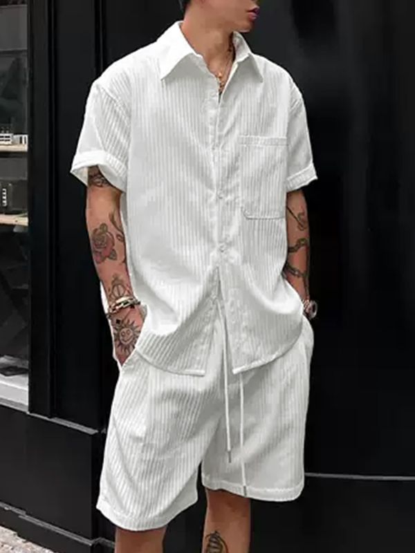 Men's Vintage High Street Slub Pleated Textured Two Pieces Outfit SKUL72615