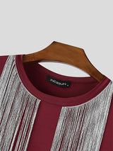 Men's Glitter Tassel Patchwork Crew Neck Long Sleeve T-Shirt SKUL23657