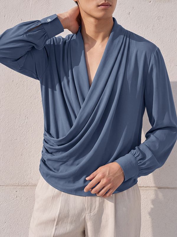 Men's Retro Criss Cross Wrap Front Ruched Drape Long Sleeve Plunging V-Neck T-shirt SKUL82418