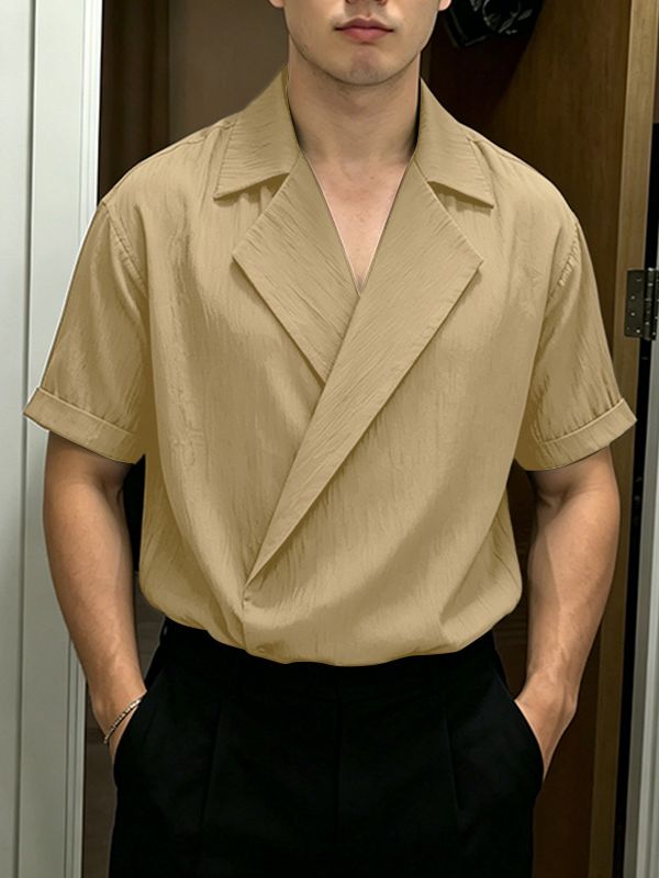 Men's Solid Color Textured Casual Short Sleeve Shirt SKUL63845