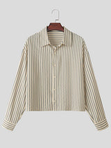 Men's Korean Minimalist Striped Boxy Cropped Dropped Shoulder Long Sleeve Shirt SKUL76406