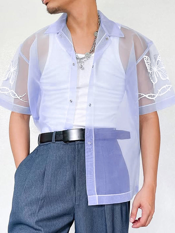 Mens Butterfly Print Mesh Sheer Short Sleeve Shirt SKUL08501