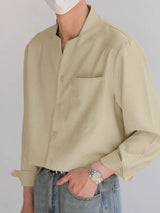 Mens Solid Notched Neck Long Sleeve Shirt SKUK61142