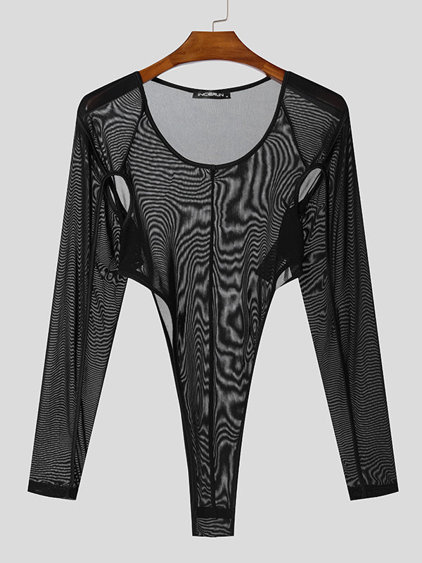 Mens Sheer Mesh Design Long-Sleeve Bodysuit SKUK85948