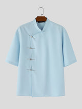 Men's Solid Color New Chinese Style Asymmetric Short Sleeve Shirt SKUL56321