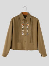 Men's Early Autumn Urban Casual Embroidered Pleated Cropped Long Sleeve Turn-Down Collar Shirt SKUL78974