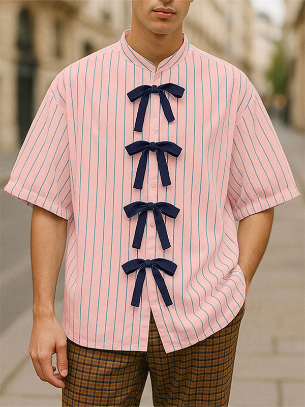 Mens Bow Ribbon Striped Short Sleeve Shirt SKUL19082