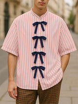 Mens Bow Ribbon Striped Short Sleeve Shirt SKUL19082