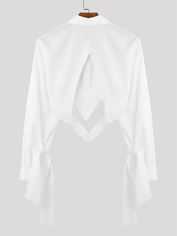 Mens Lace Patchwork Hollow-Out Long Sleeve Shirt SKUK96878