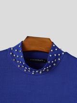 Men's Clean Fit Cocktail Party Fine Ribbed High Stretch Crystal Detail Fitted Short Sleeve Mock Neck T-shirt SKUL83260