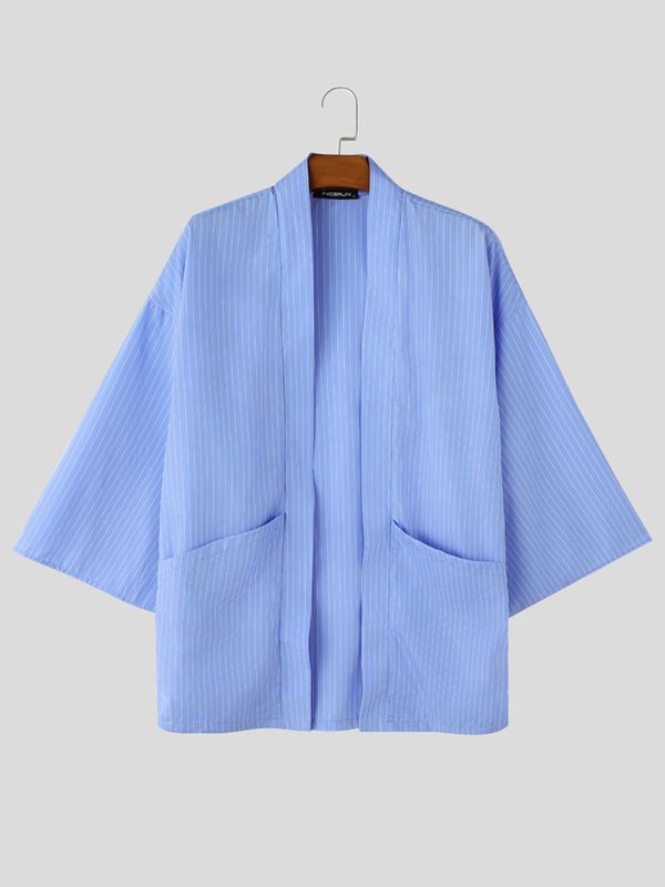 Men's Japanese Zen Striped Patch Pocket Open Front Wide Sleeve Cardigan SKUL72503