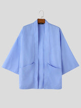Men's Japanese Zen Striped Patch Pocket Open Front Wide Sleeve Cardigan SKUL72503