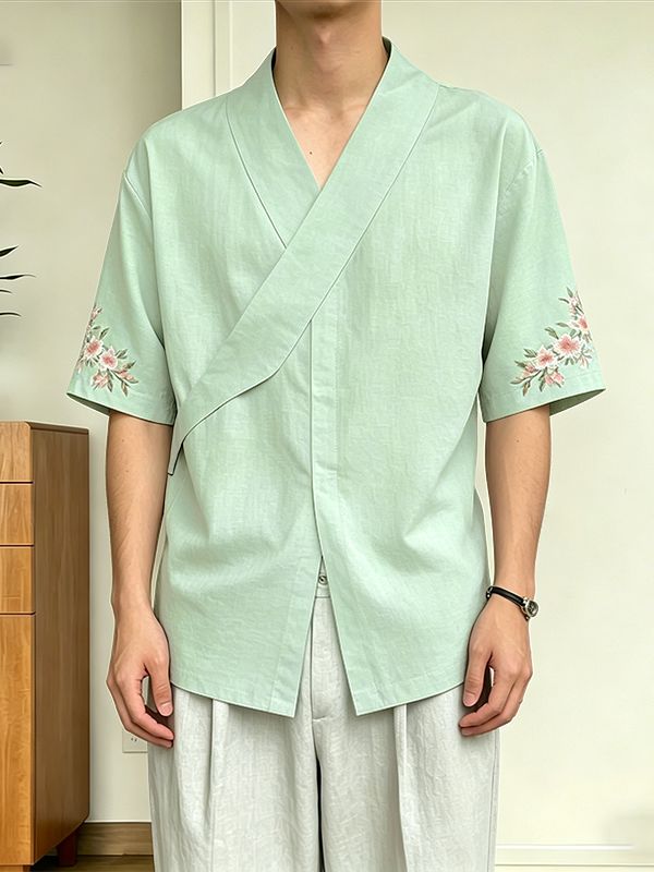 Men's Vintage Casual Floral PrintV Neck Short Sleeve Shirt SKUL61923